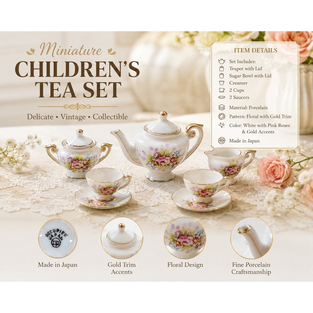 Vintage Occupied Japan Miniature Tea Set Porcelain Floral Gold Trim 9 Piece